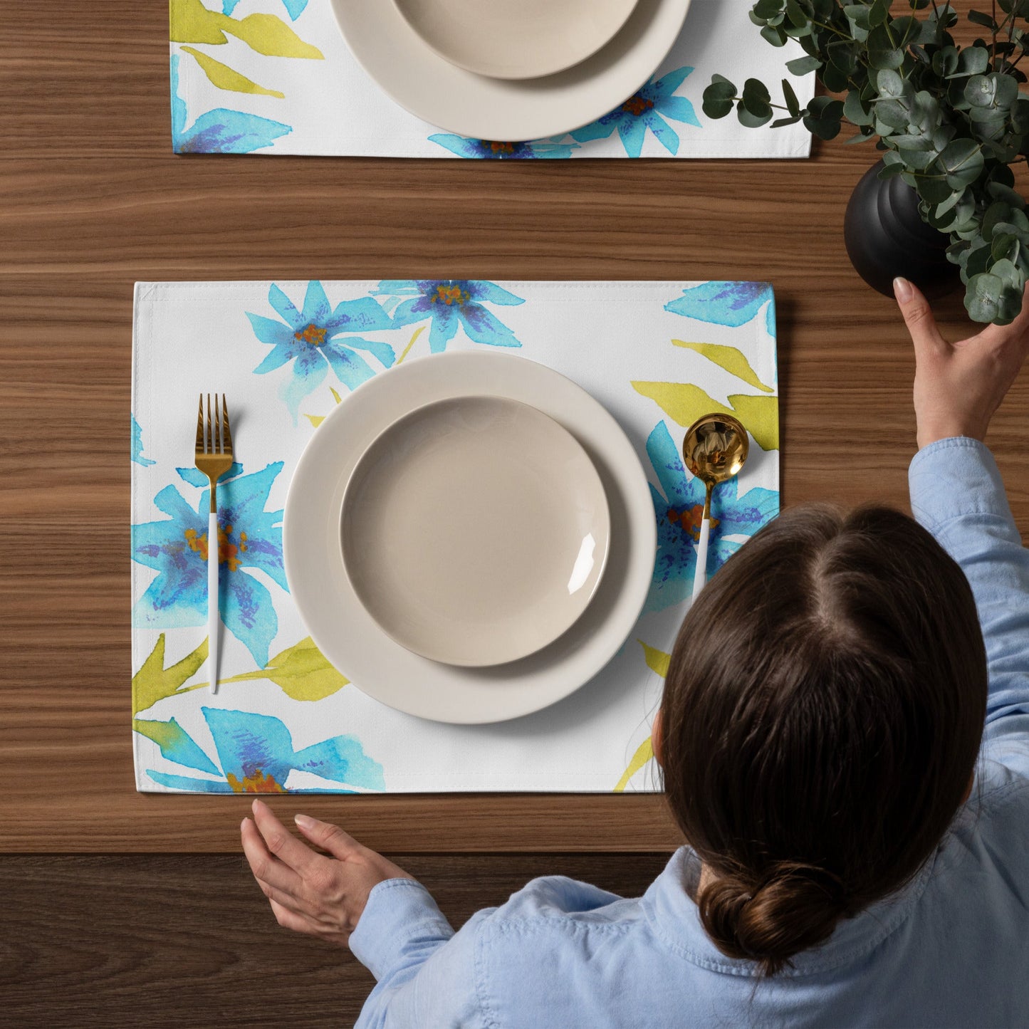 Cerulean Bloom — Fine Art Polyester Placemats with Blue Floral Watercolor Print — 4-Pc Set #PSFL-1434