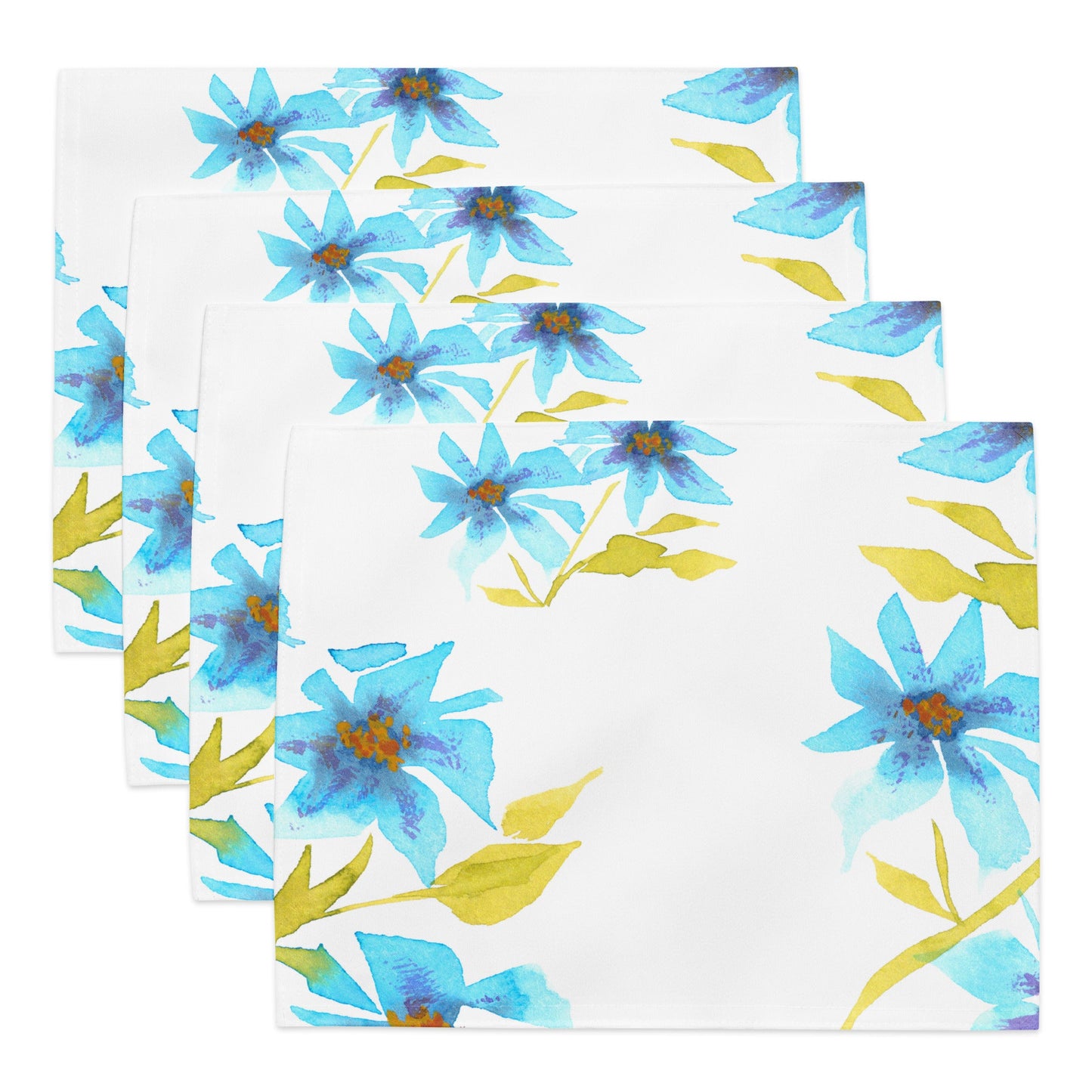 Cerulean Bloom — Fine Art Polyester Placemats with Blue Floral Watercolor Print — 4-Pc Set #PSFL-1434