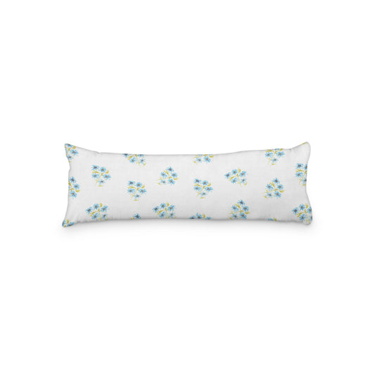 White Microfiber Body Pillow with Medium Blue Floral Pattern, MFBP-1435, 20 x 54 inches
