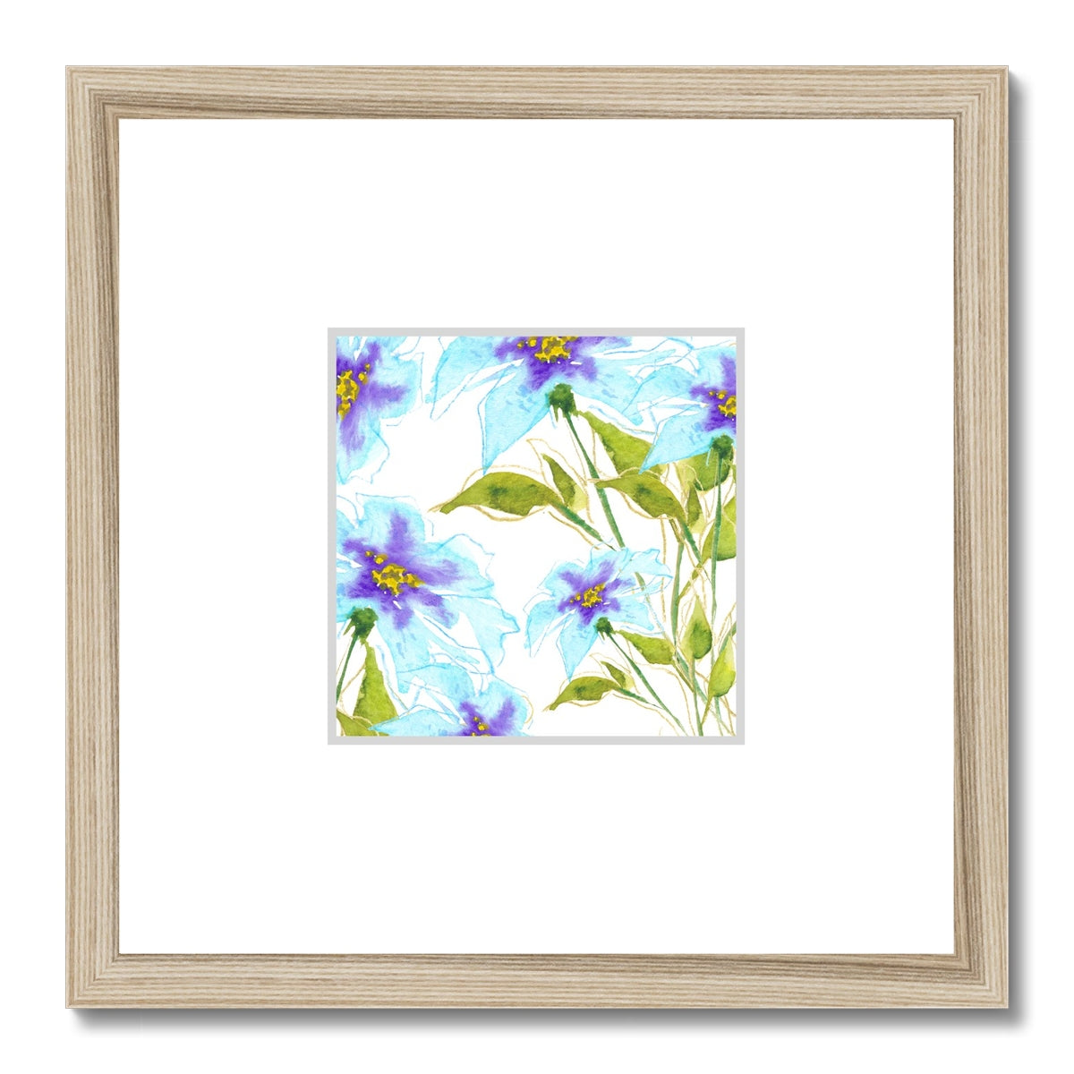 Framed Fine Art Print, Faux Mat - 12x12 inches | Blue Floral Watercolor, fms-1370-002