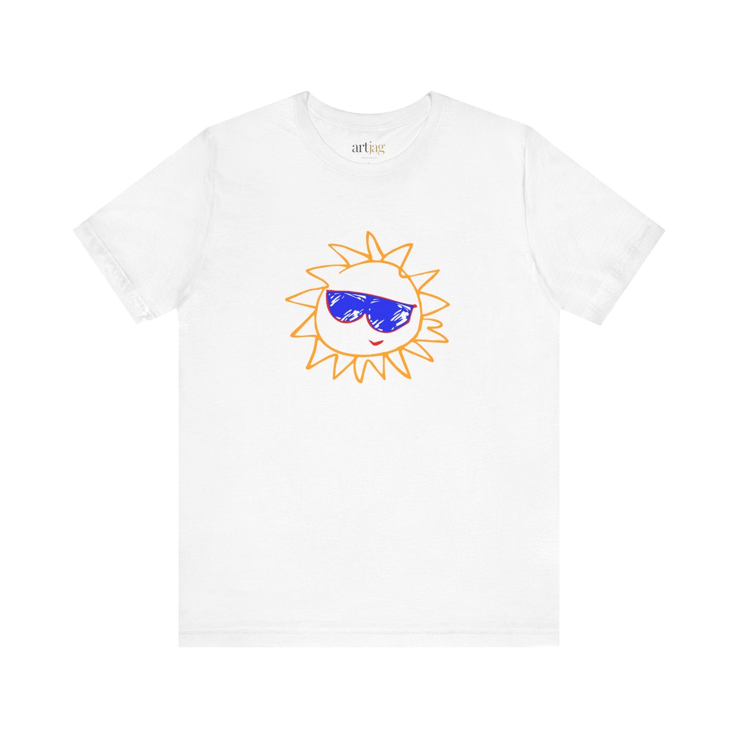 A white short-sleeve crewneck t-shirt featuring a cartoon graphic of a smiling sun wearing blue sunglasses on the chest. The brand name 'artjag' is printed inside the collar.