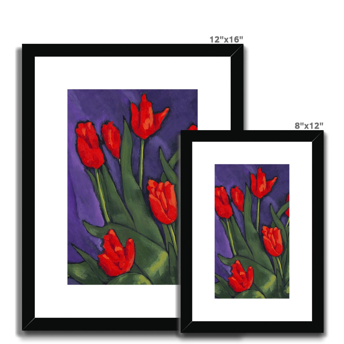 Framed Fine Art Print, White Mat - 8x12 12x16 12x18 inches | Red Tulips in Acrylic, FPV-1111-002