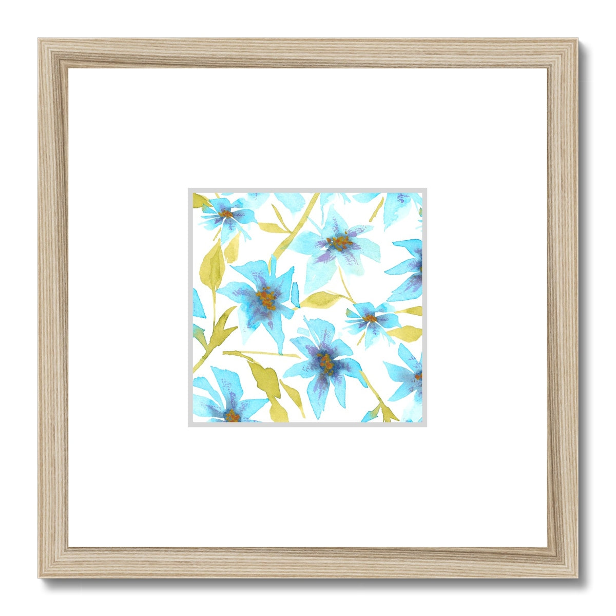 Framed Fine Art Print, Faux Mat - 12x12 inches | Blue Floral Watercolor, fms-1430-002