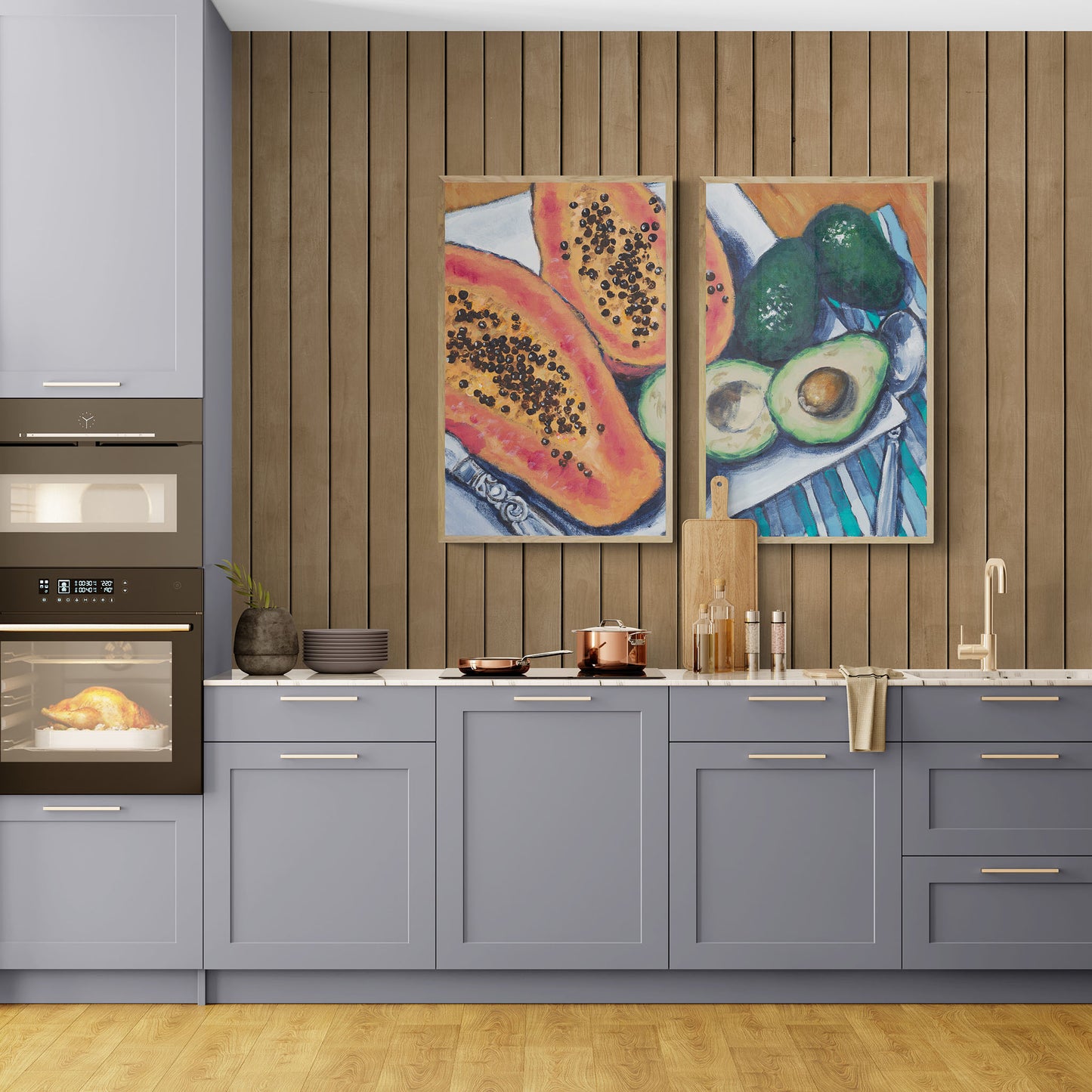 Fine Art Canvas Print - Two Panels of 15x24 20x32 25x40 30x48 35x56 inches | Papaya & Avocados in Acrylic, CPH2-2105