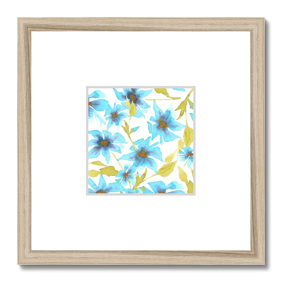 Framed Fine Art Print, Faux Mat - 12x12 inches | Blue Floral Watercolor, fms-1430-001
