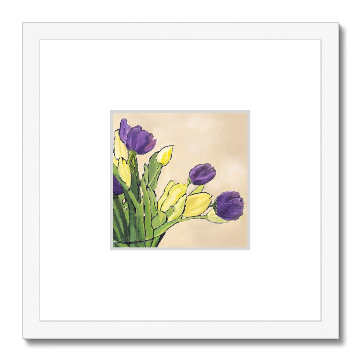 Framed Fine Art Print, Faux Mat - 12x12 inches | Purple & Yellow Tulips in Acrylic, FMS-1060-001