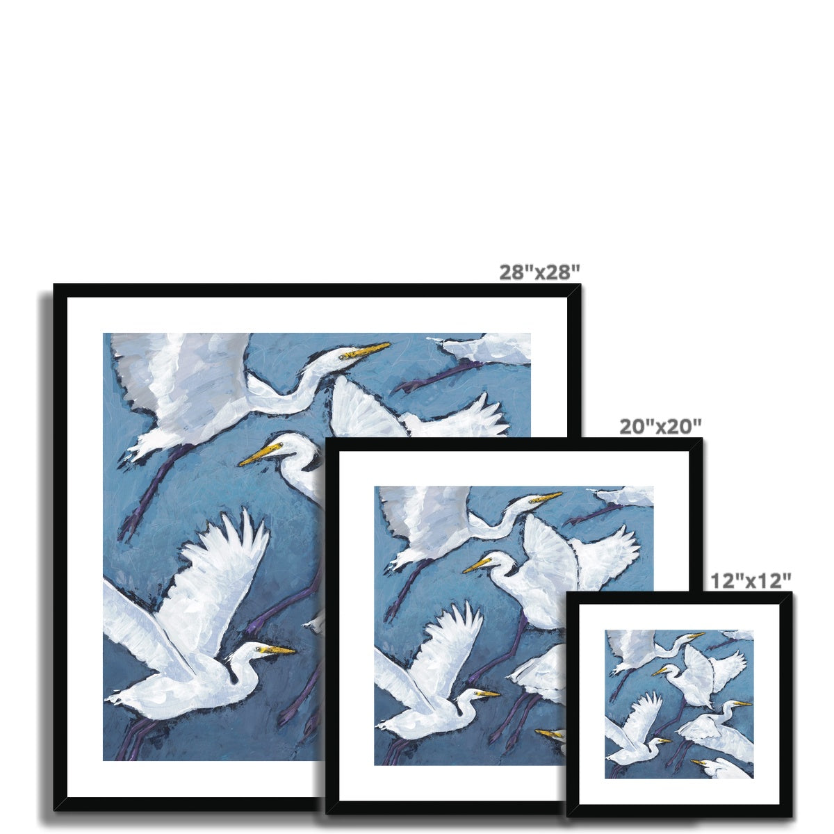 Framed Fine Art Print, White Mat - 8x8 12x12 16x16 20x20 24x24 28x28 36x36 inches | White Herons in Acrylic, FPS-1020-001