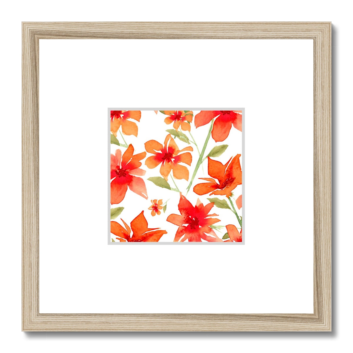 Framed Fine Art Print, Faux Mat - 12x12 inches | Red Floral Watercolor, fms-1410-001