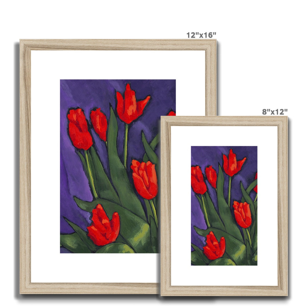 Framed Fine Art Print, White Mat - 8x12 12x16 12x18 inches | Red Tulips in Acrylic, FPV-1111-002