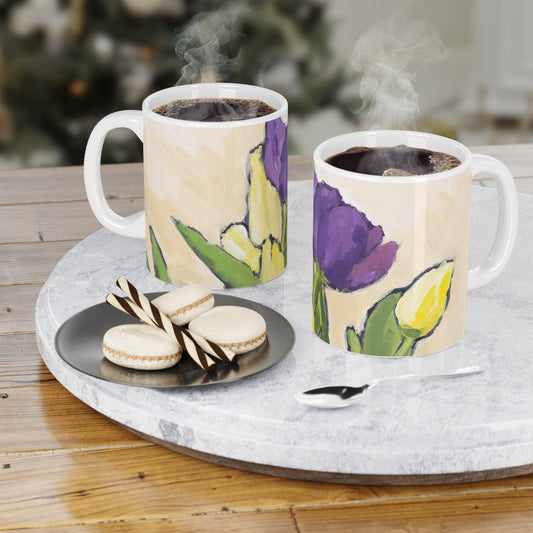 11oz Fine Art Ceramic Mug | Purple & Yellow Tulips, CM-1060