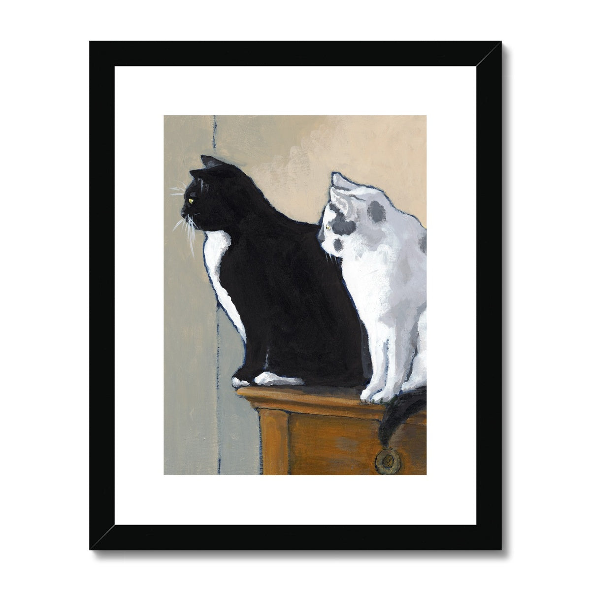 Framed & Mounted Fine Art Print, White Mat - 11x14 inches | Black Cat White Cat in Acrylic, FPV-1000-1122