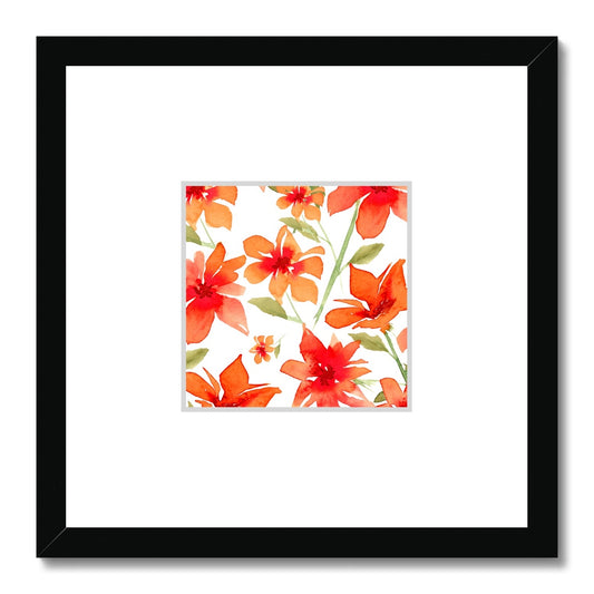 Framed Fine Art Print, Faux Mat - 12x12 inches | Red Floral Watercolor, fms-1410-001