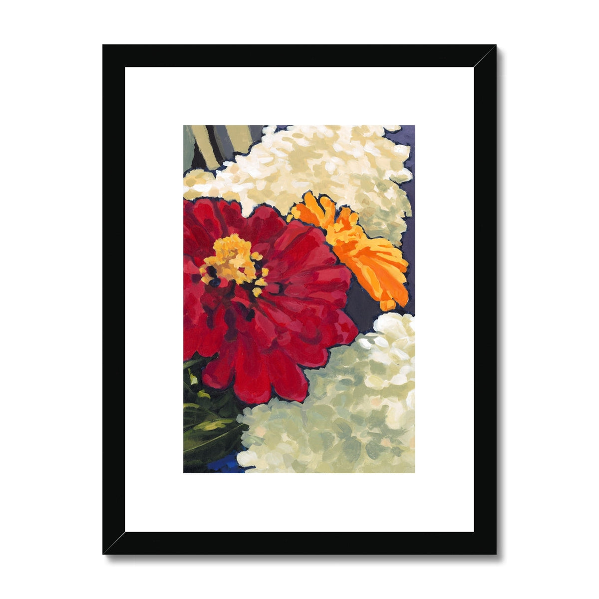 Framed Fine Art Print, White Mat - 6x8 8x12 12x16 12x18 inches | Hydrangeas & Zinnias in Acrylic, FPV-1030-002