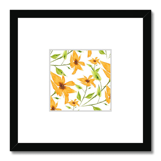 Framed Fine Art Print, Faux Mat - 12x12 inches | Yellow-Orange Floral Watercolor, fms-1390-002