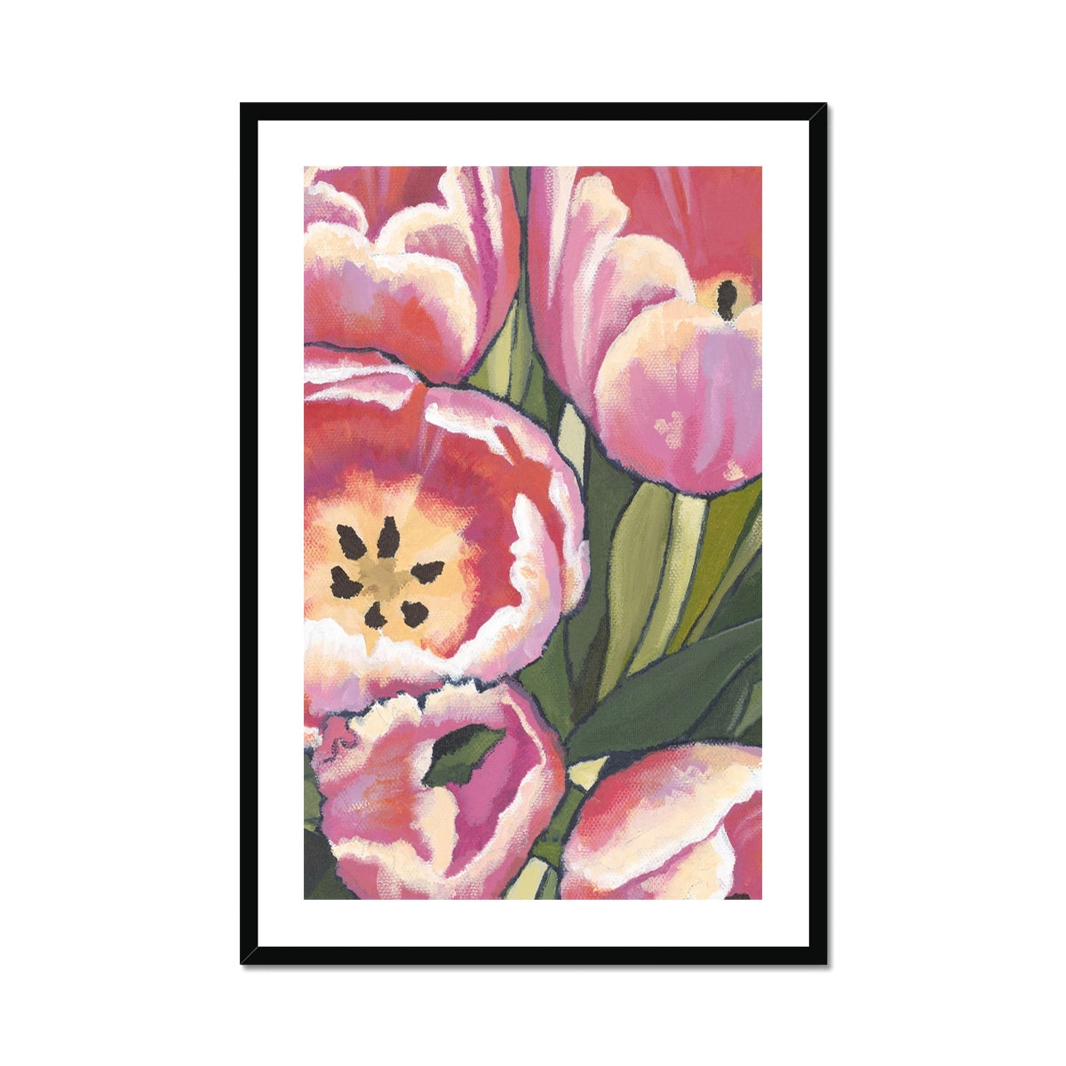 Framed Fine Art Print, White Mat - 8x12 12x18 20x28 24x36 28x40 inches | Pink Tulips in Acrylic, FPV-1080