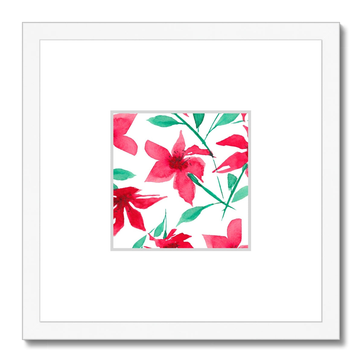 Framed Fine Art Print, Faux Mat - 12x12 inches | Red Floral Watercolor, fms-1330-001