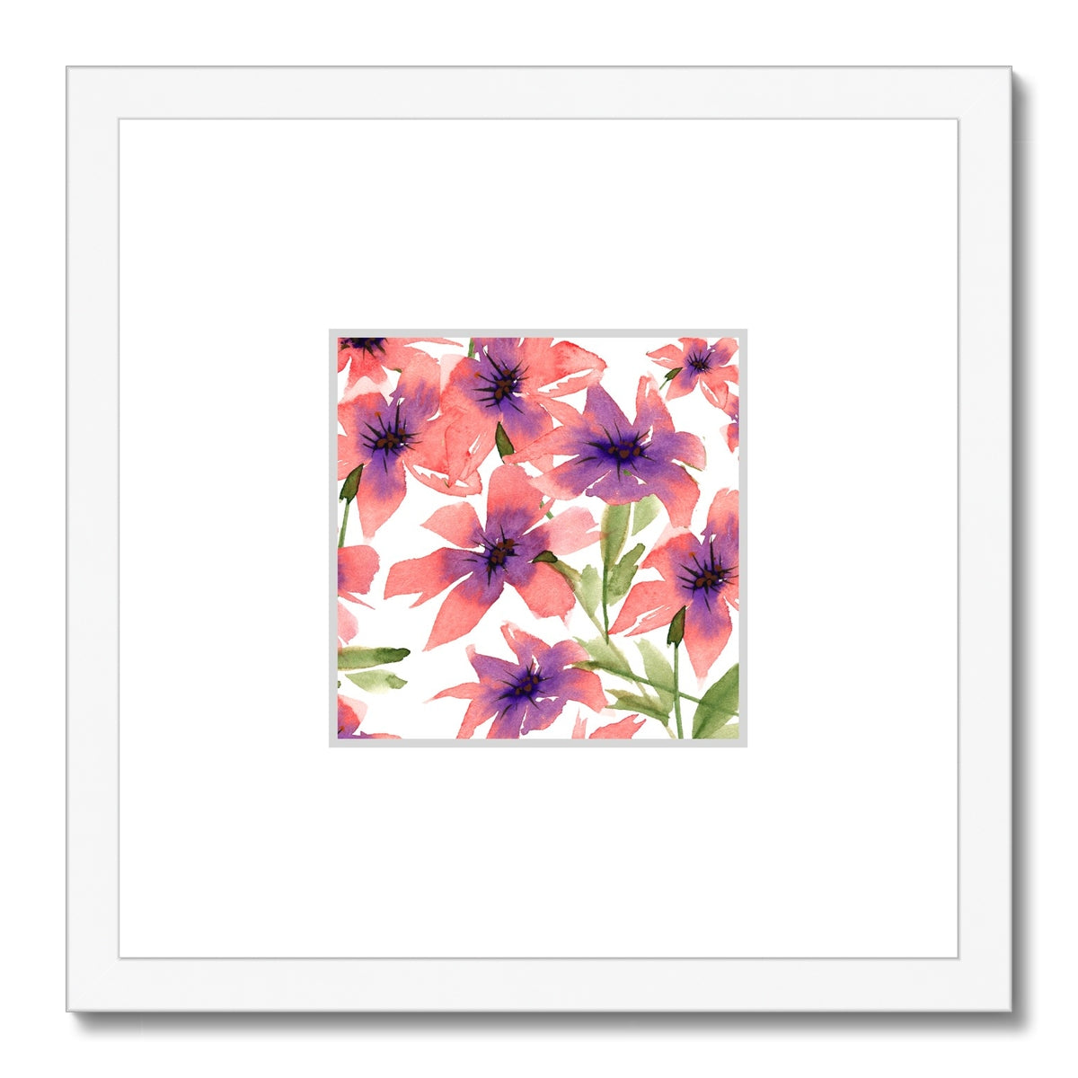 Framed Fine Art Print, Faux Mat - 12x12 inches | Pink Floral Watercolor, fms-1340-002