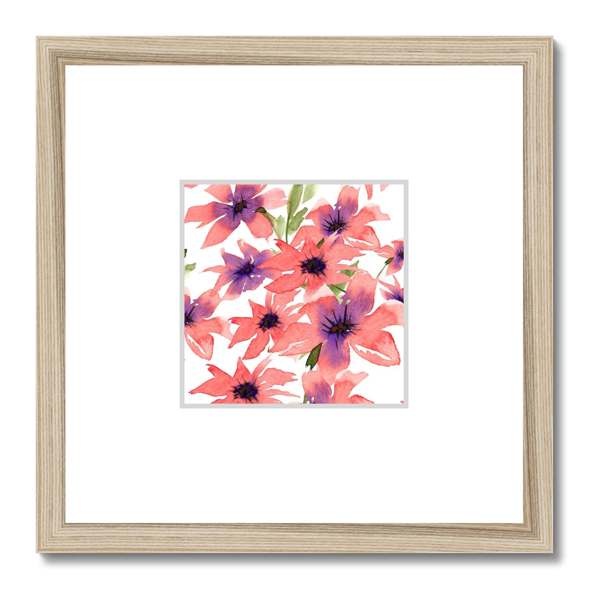 Framed Fine Art Print, Faux Mat - 12x12 inches | Pink Floral Watercolor, fms-1340-001