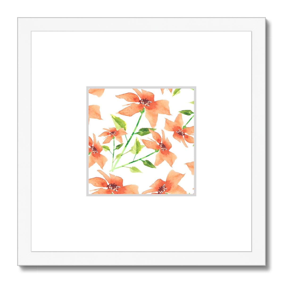 Framed Fine Art Print, Faux Mat - 12x12 inches | Pale Orange Floral Watercolor, fms-1380-001