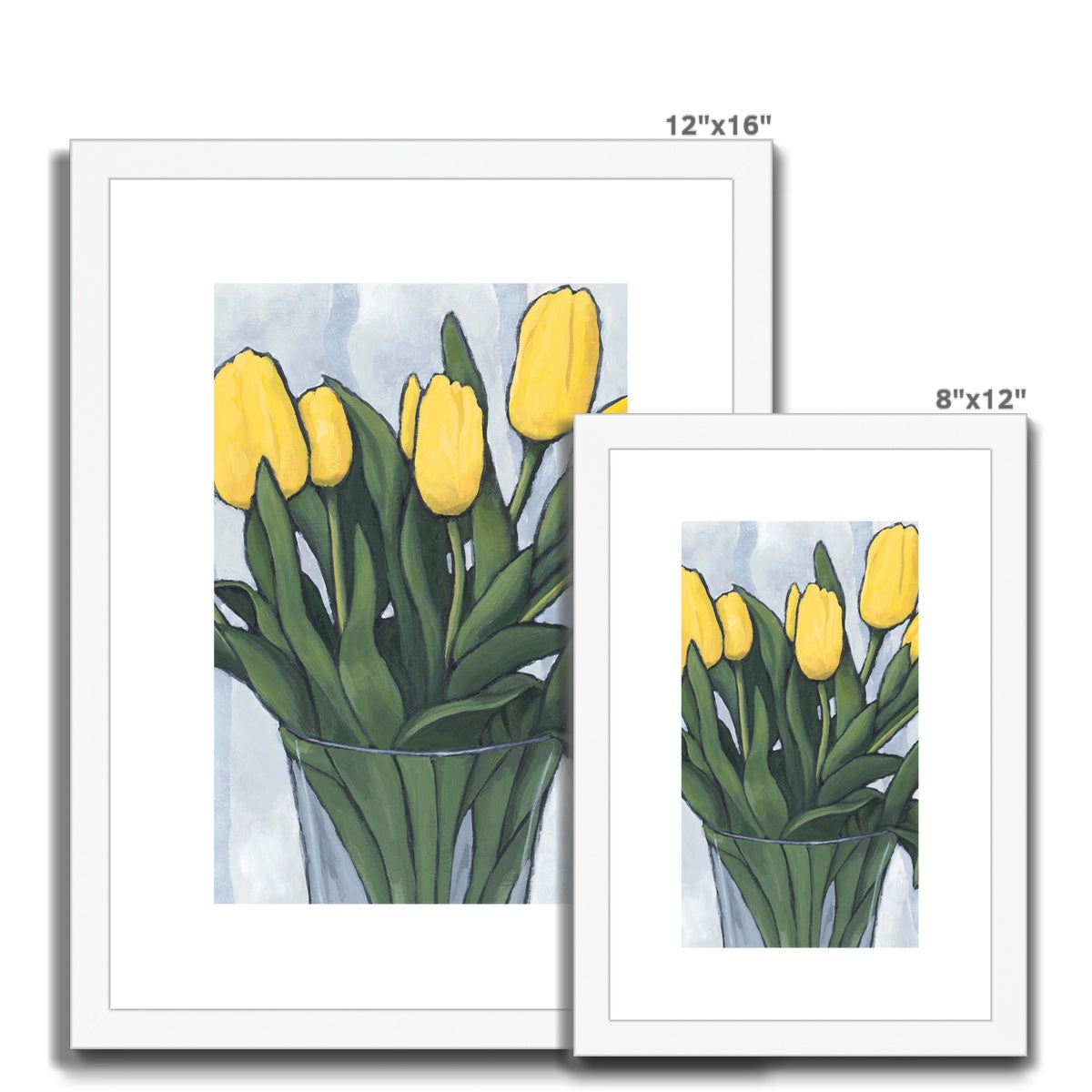 Framed Fine Art Print, White Mat - 8x12 12x16 12x18 inches | Yellow Tulips in Acrylic, FPV-1120-003