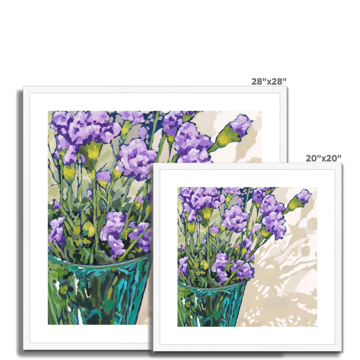 Framed Fine Art Print, White Mat - 8x8 12x12 16x16 20x20 24x24 28x28 inches | Mauve Carnations in Acrylic, FPS-1070