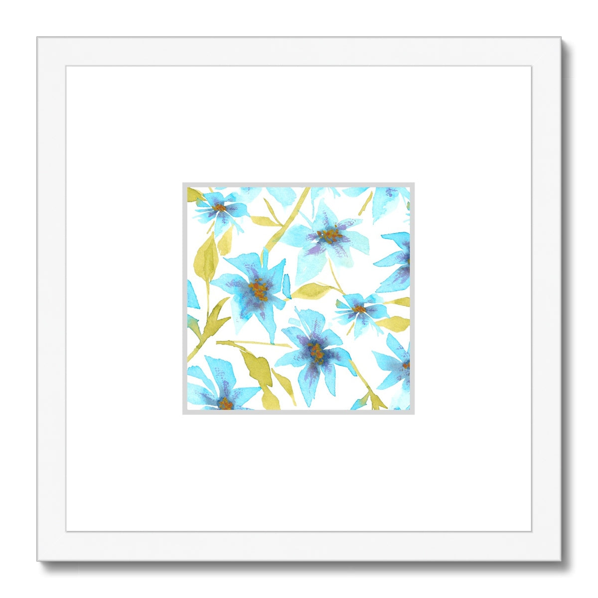 Framed Fine Art Print, Faux Mat - 12x12 inches | Blue Floral Watercolor, fms-1430-002