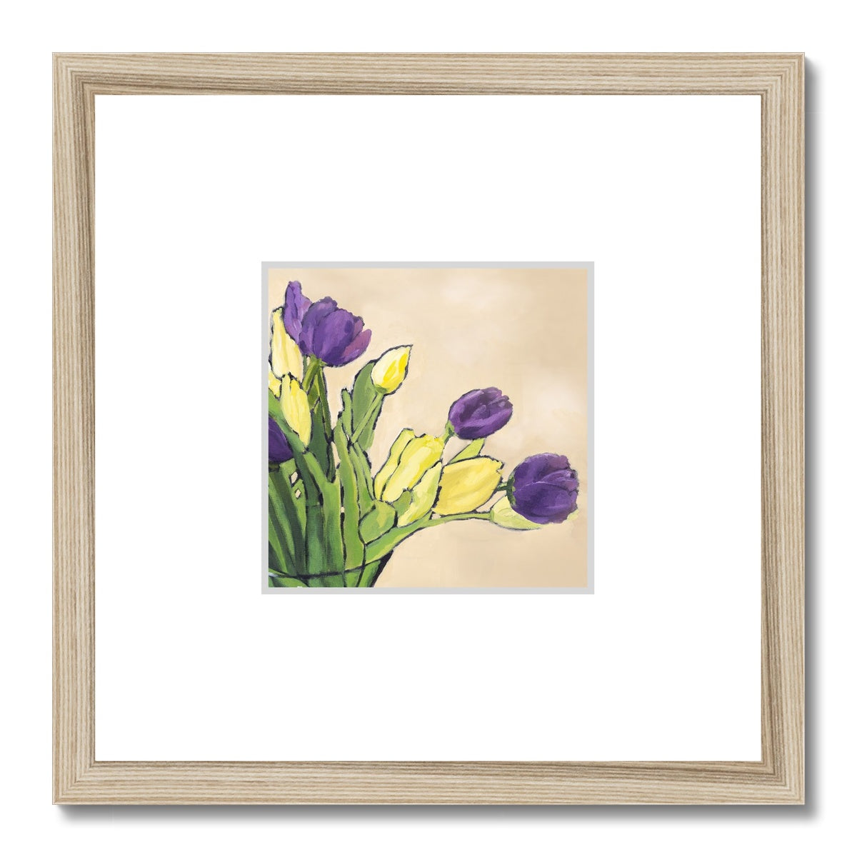 Framed Fine Art Print, Faux Mat - 12x12 inches | Purple & Yellow Tulips in Acrylic, FMS-1060-001