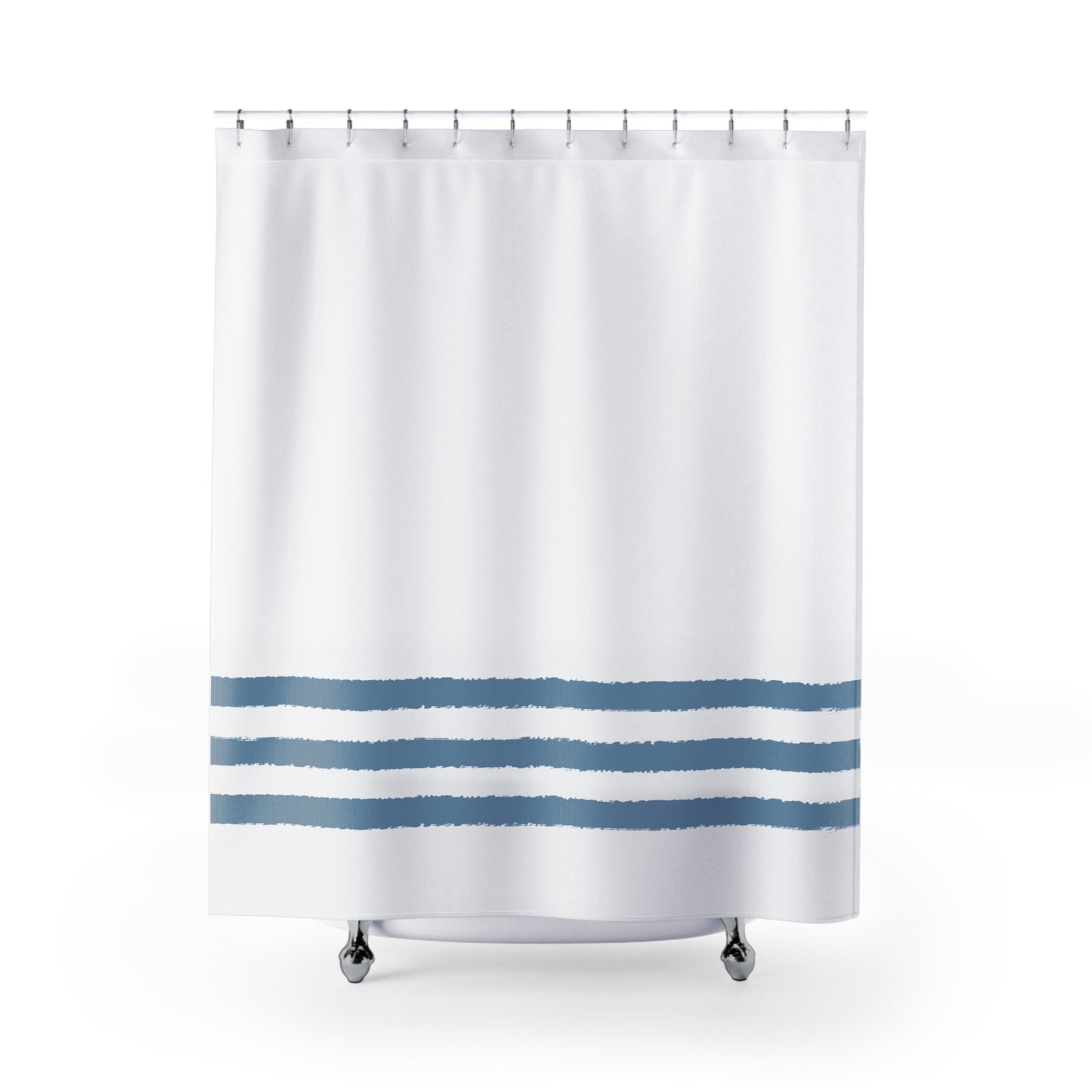 White Shower Curtain with Medium Blue Hand-painted Stripe Print | SC-1021