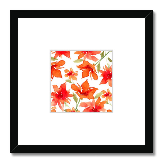 Framed Fine Art Print, Faux Mat - 12x12 inches | Red Floral Watercolor, fms-1410-002