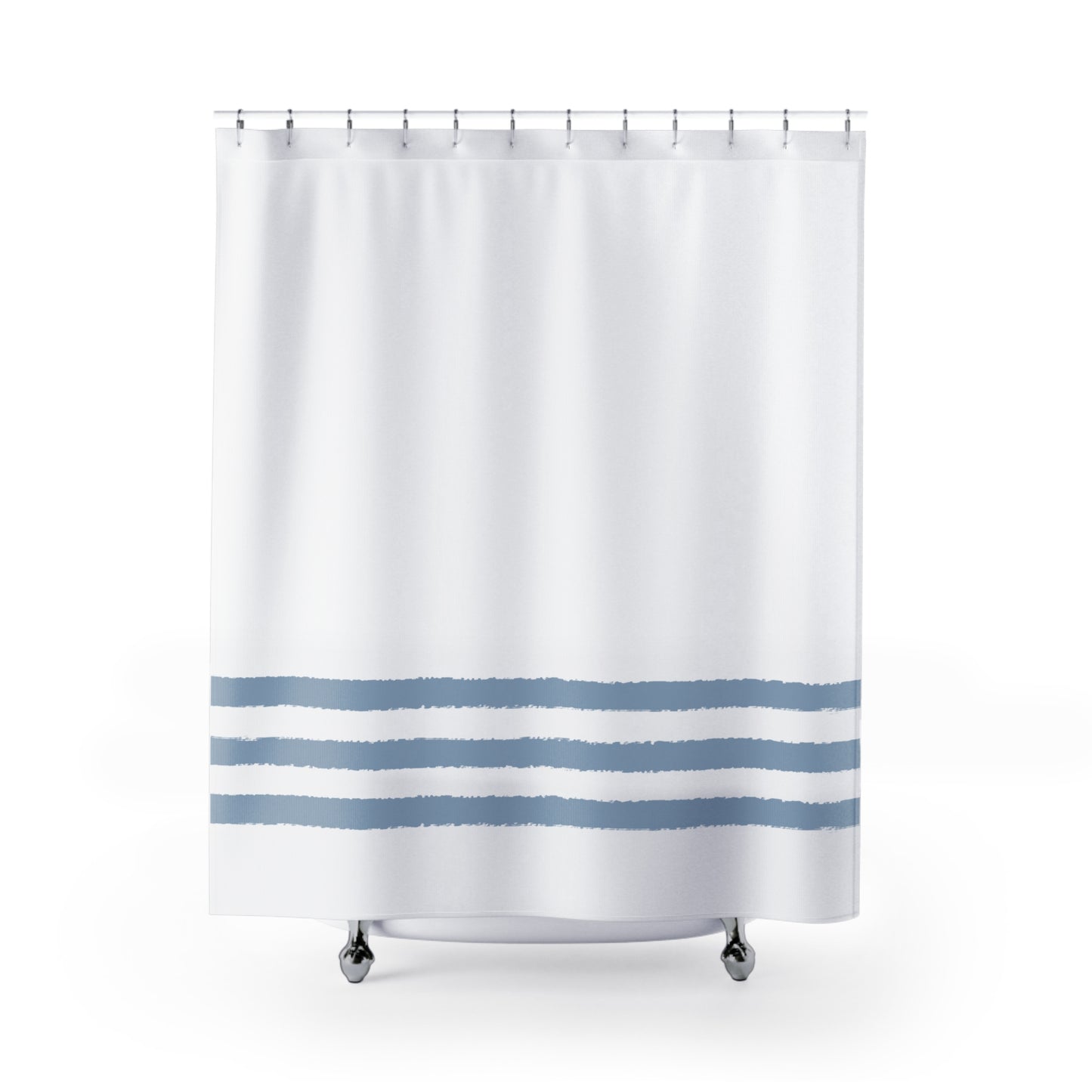 White Shower Curtain with Medium Blue Hand-painted Stripe Print | SC-1231-200