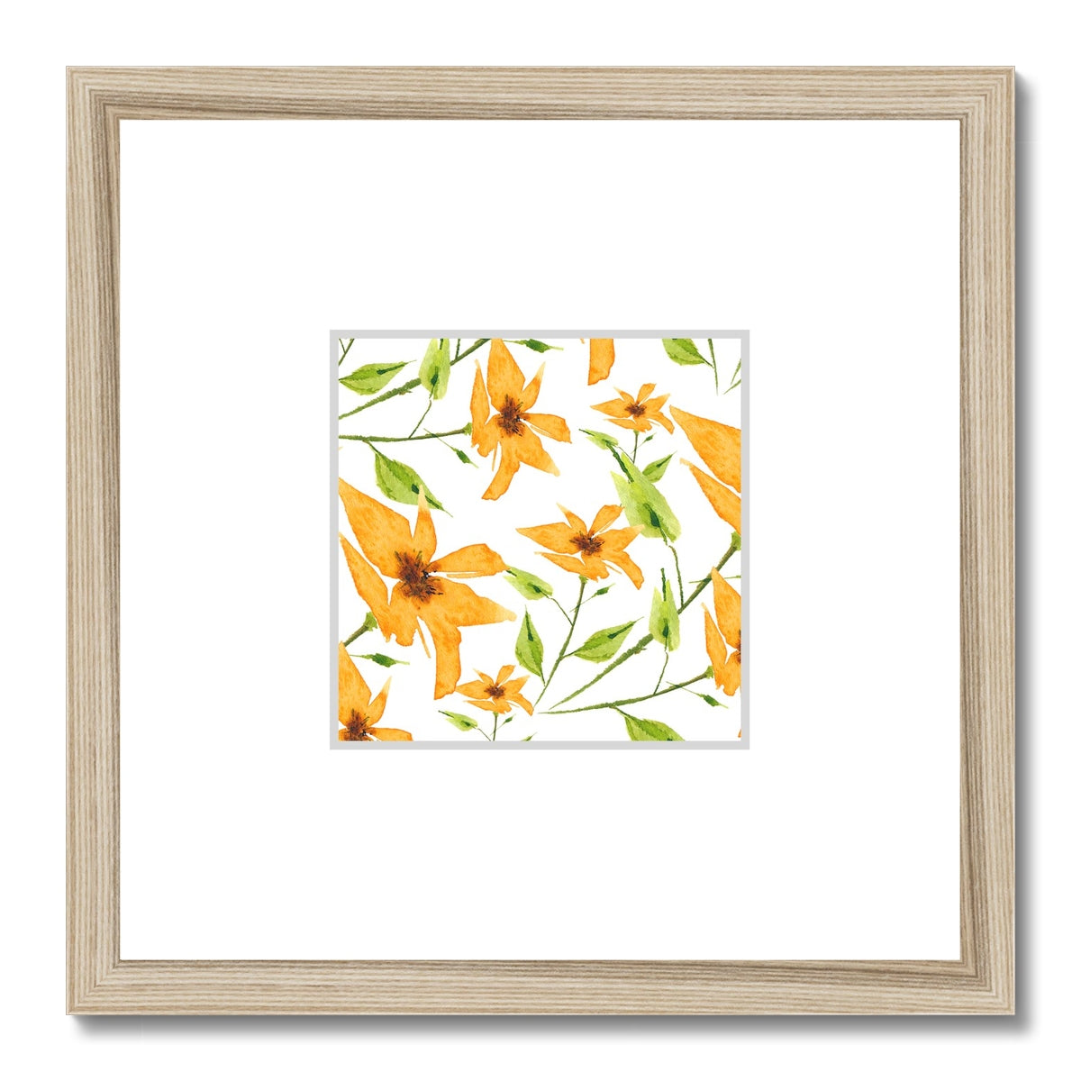 Framed Fine Art Print, Faux Mat - 12x12 inches | Yellow-Orange Floral Watercolor, fms-1390-002
