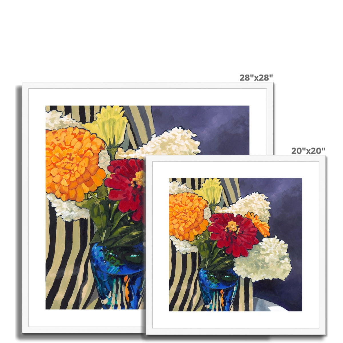 Framed Fine Art Print, White Mat - 8x8 12x12 16x16 20x20 24x24 28x28 36x36 inches | Hydrangeas & Zinnias in Acrylic, FPS-1030