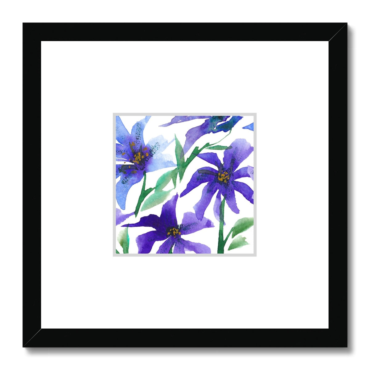 Framed Fine Art Print, Faux Mat - 12x12 inches | Purple Floral Watercolor, fms-1300-002