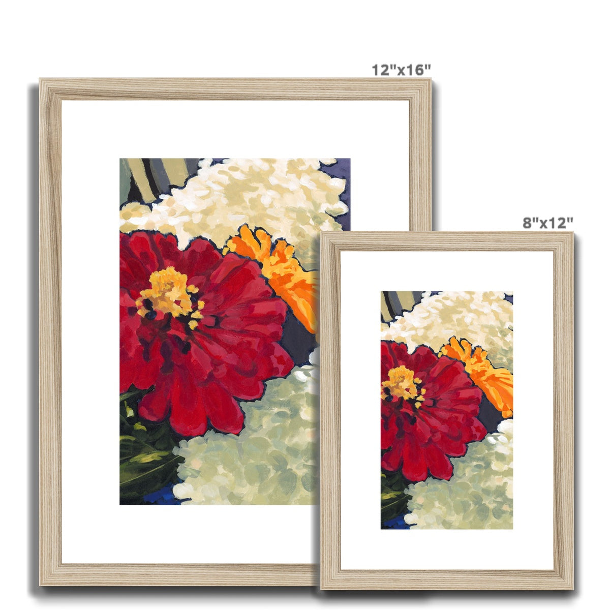 Framed Fine Art Print, White Mat - 6x8 8x12 12x16 12x18 inches | Hydrangeas & Zinnias in Acrylic, FPV-1030-002
