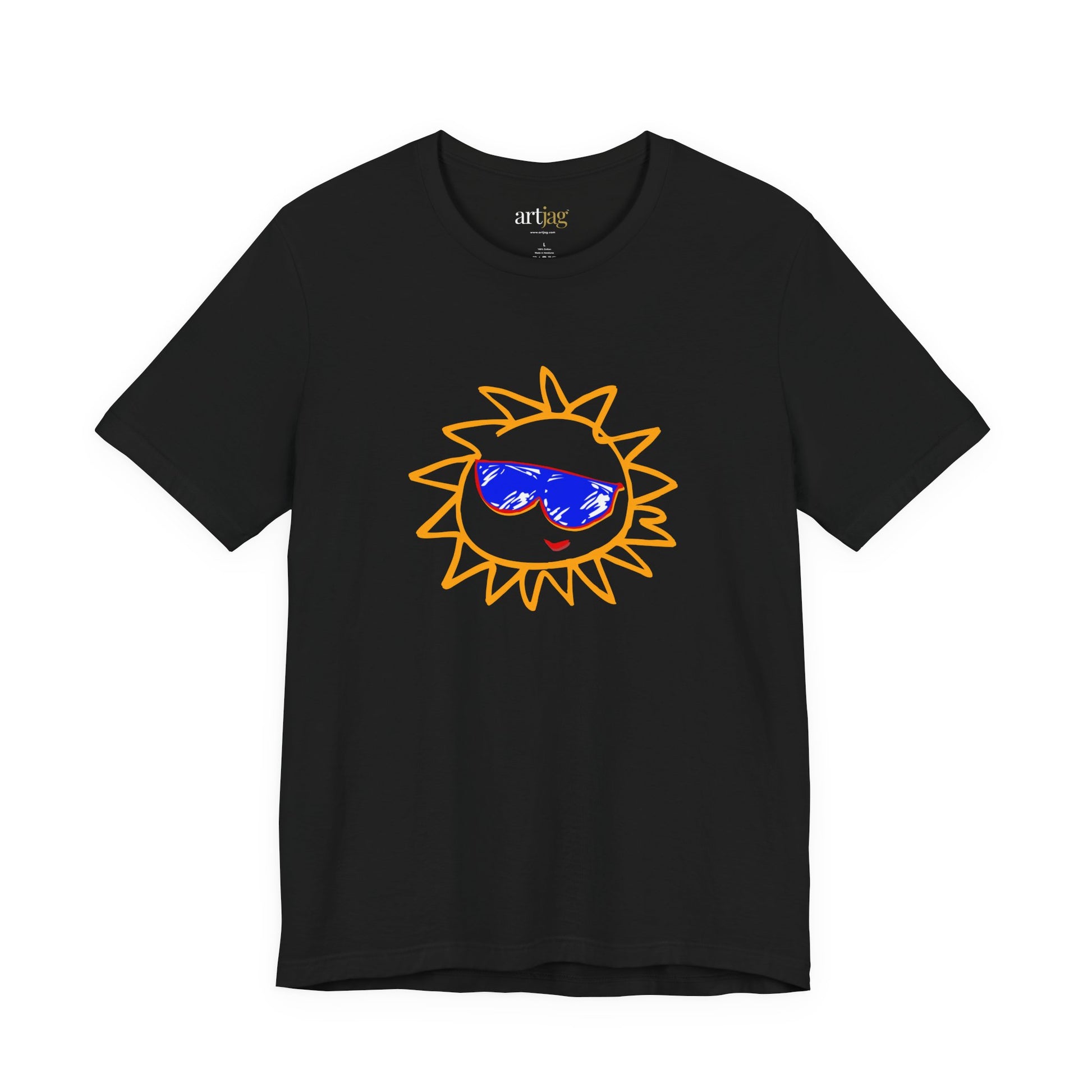 Black t-shirt with orange sun graphic with blue sunglasses. The brand name 'artjag' is printed inside the collar.