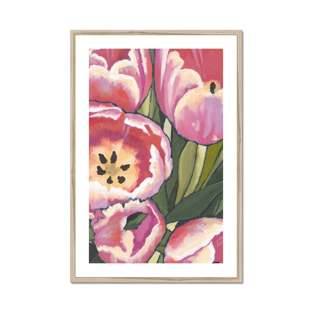 Framed Fine Art Print, White Mat - 8x12 12x18 20x28 24x36 28x40 inches | Pink Tulips in Acrylic, FPV-1080