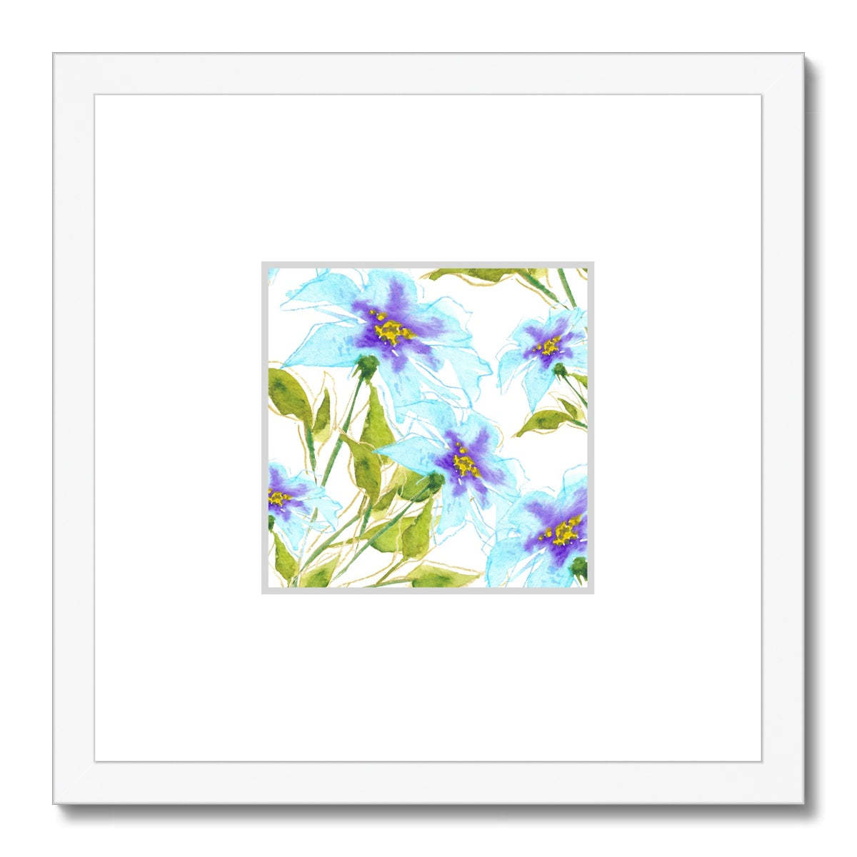 Framed Fine Art Print, Faux Mat - 12x12 inches | Blue Floral Watercolor, fms-1370-001