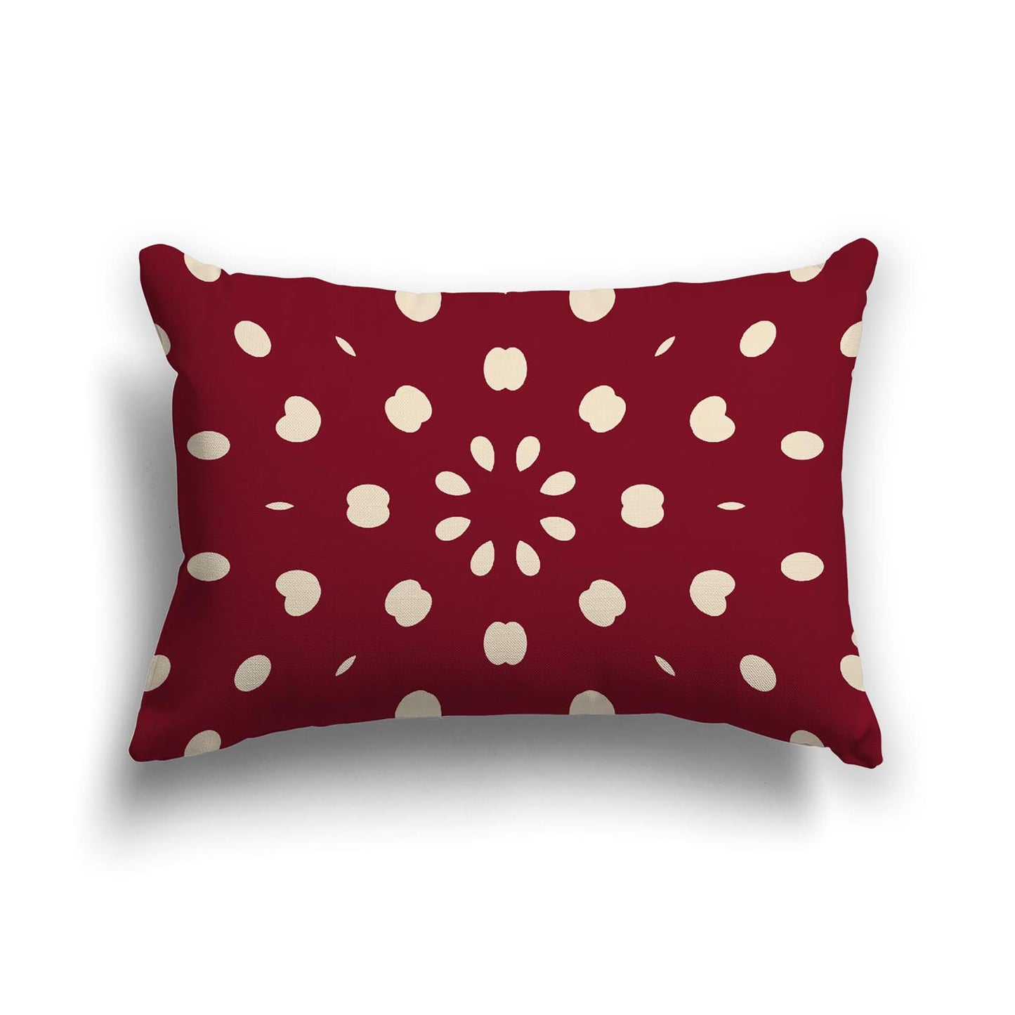 Burgundy Red Cotton Canvas Cushion Covers with Beige Burst Pattern on Front, 20 x 14 inches