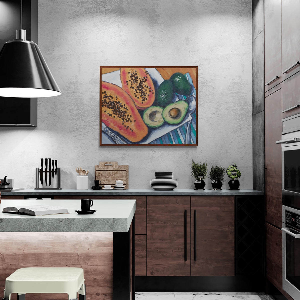 Papaya & Avocados Fine Art Canvas Print | Styled in Industrial Kitchen with Dark Wood Cabinetry and Concrete Walls