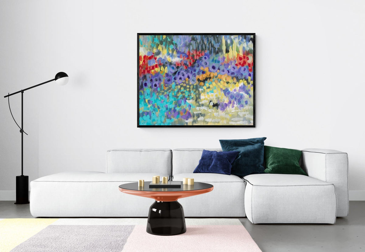 Wildflower Garden Fine Art Canvas Print | Styled in Sleek Minimalist Living Room with White Cloud Sofa, Black Arc Floor Lamp and Sculptural Bell Coffee Table