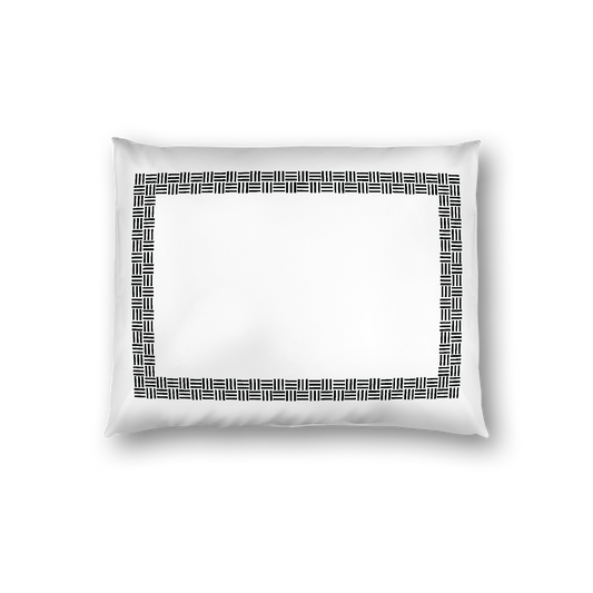 Off-White Cotton Sateen Pillow Sham, Black Double Weave Motif Print, Classic Border, White Reverse Side, Standard - 20 x 26 inches