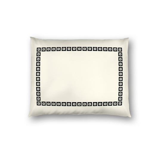 Pale Cream Cotton Sateen Pillow Sham, Black Repeating Square Motif Print, Classic Border, White Reverse Side, Standard - 20 x 26 inches