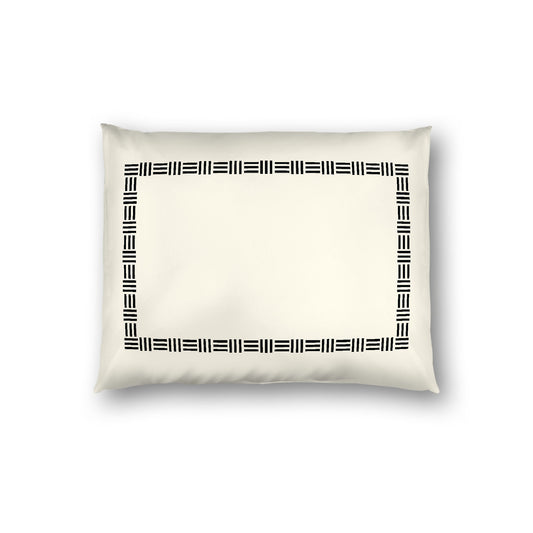 Pale Cream Cotton Sateen Pillow Sham, Black Single Weave Motif Print, Classic Border, White Reverse Side, Standard - 20 x 26 inches