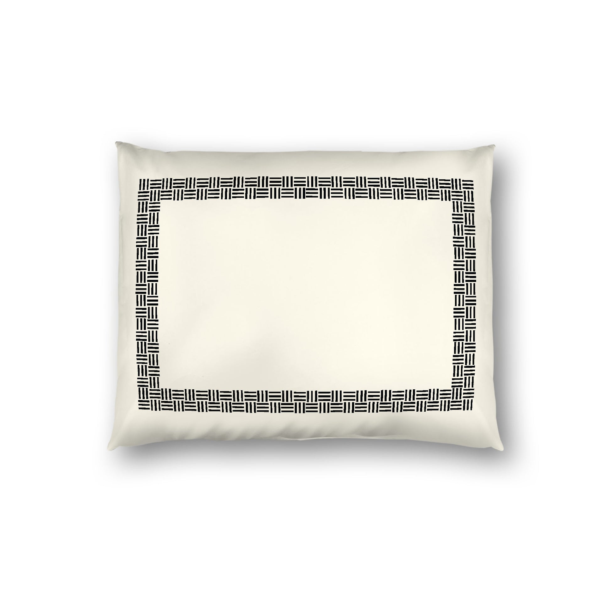 Pale Cream Cotton Sateen Pillow Sham, Black Double Weave Motif Print, Classic Border, White Reverse Side, Standard - 20 x 26 inches