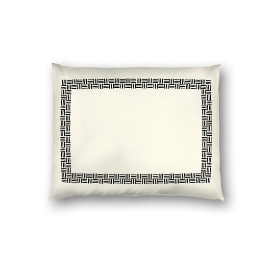 Pale Cream Cotton Sateen Pillow Sham, Black Double Weave Motif Print, Classic Border, White Reverse Side, Standard - 20 x 26 inches
