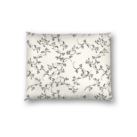 Pale Cream Cotton Sateen Pillow Sham, Black Hand-painted Vine Print, White Reverse Side, Standard - 20 x 26 inches