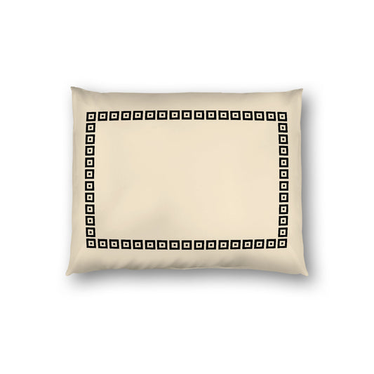 Beige Cotton Sateen Pillow Sham, Black Repeating Square Motif Print, Classic Border, White Reverse Side, Standard - 20 x 26 inches