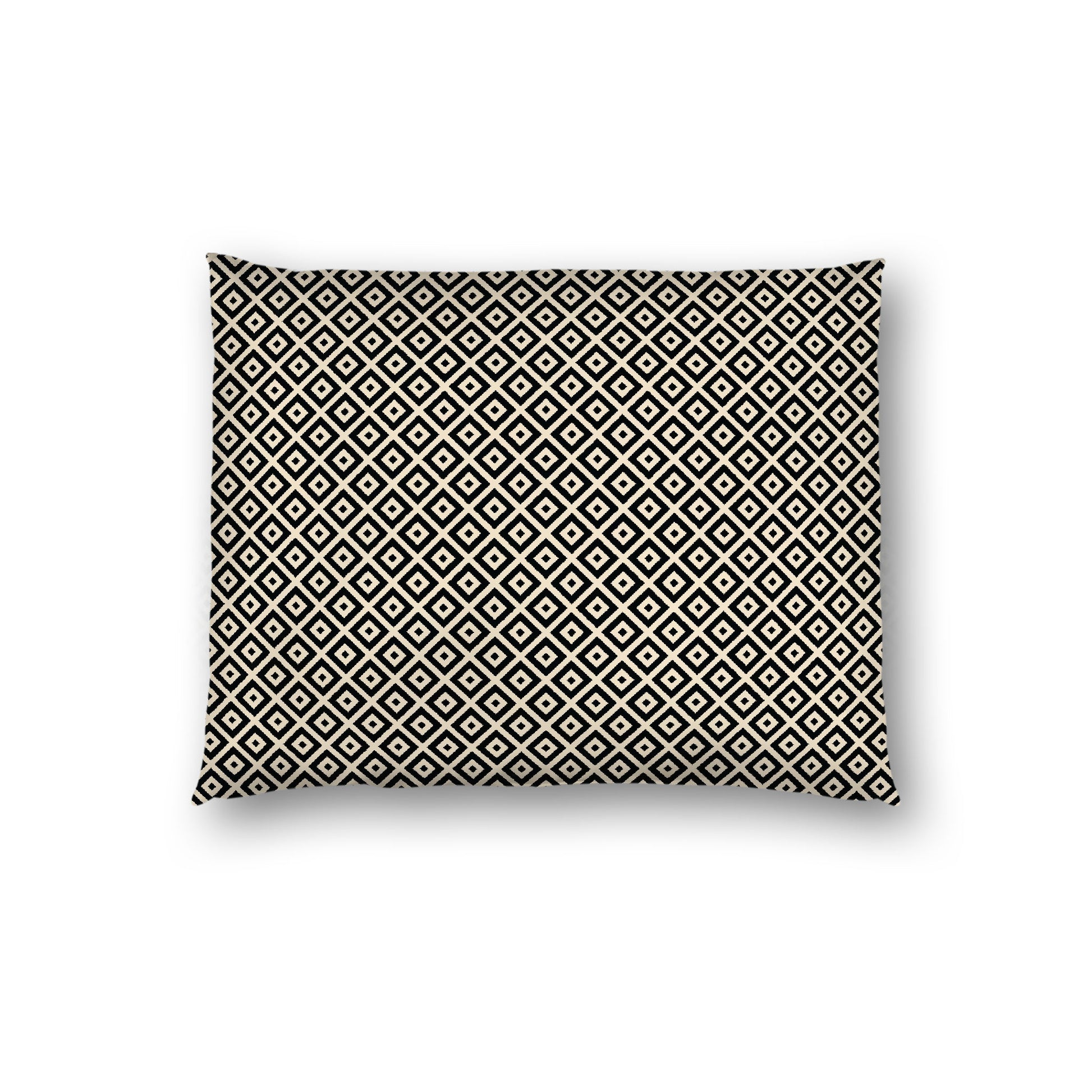 Beige Cotton Sateen Pillow Sham, Black Repeating Square Motif Print, White Revese Side, Standard - 20 x 26 inches
