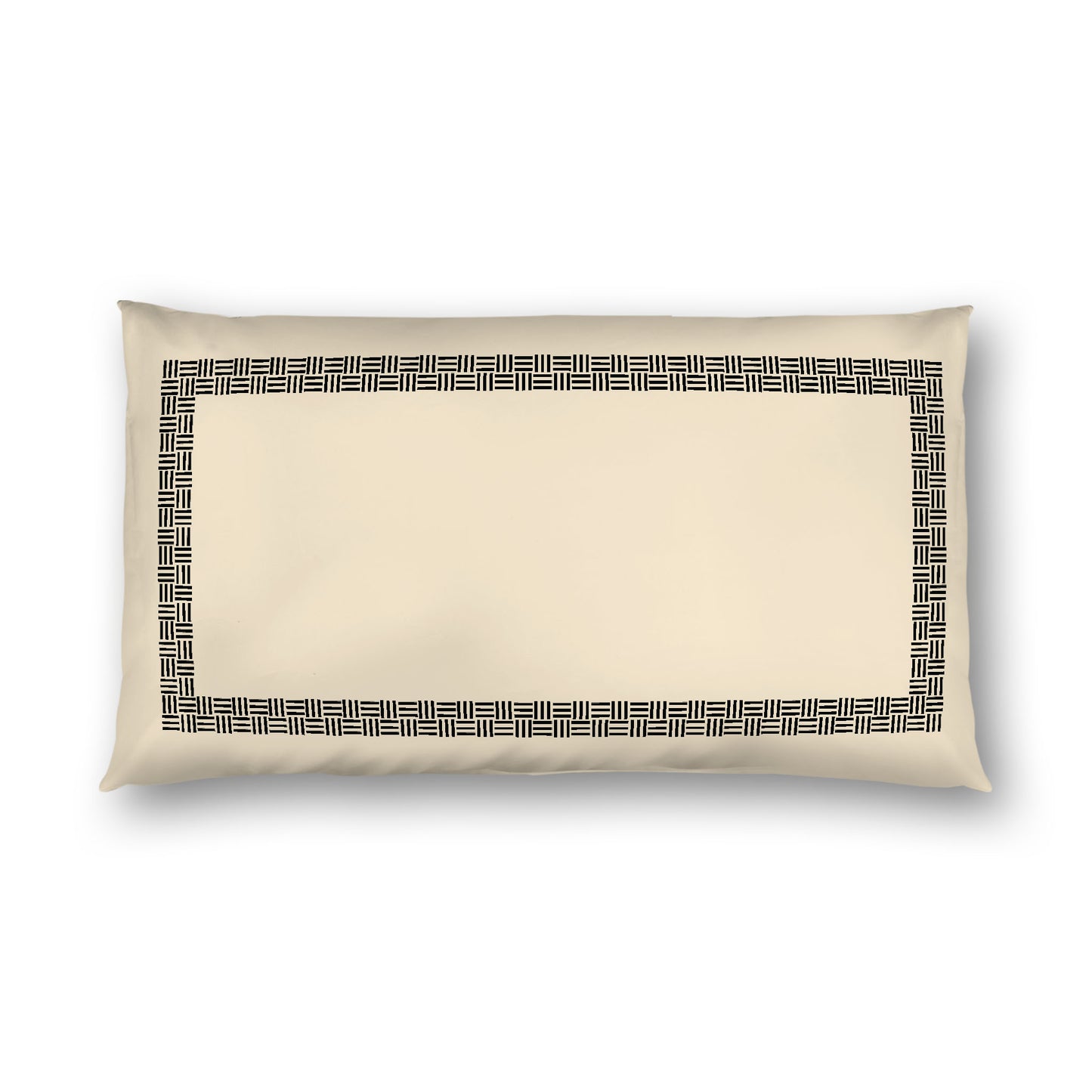 Beige Cotton Sateen Pillow Sham, Black Double Weave Motif Print, Classic Border, White Reverse Side, King - 20 x 36 inches