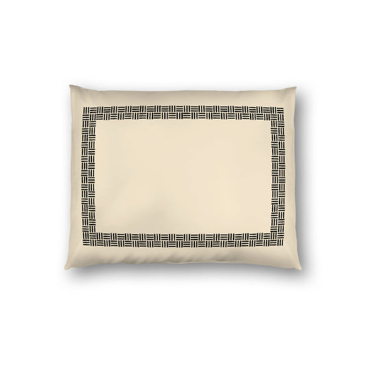 Beige Cotton Sateen Pillow Sham, Black Double Weave Motif Print, Classic Border, White Reverse Side, Standard - 20 x 26 inches
